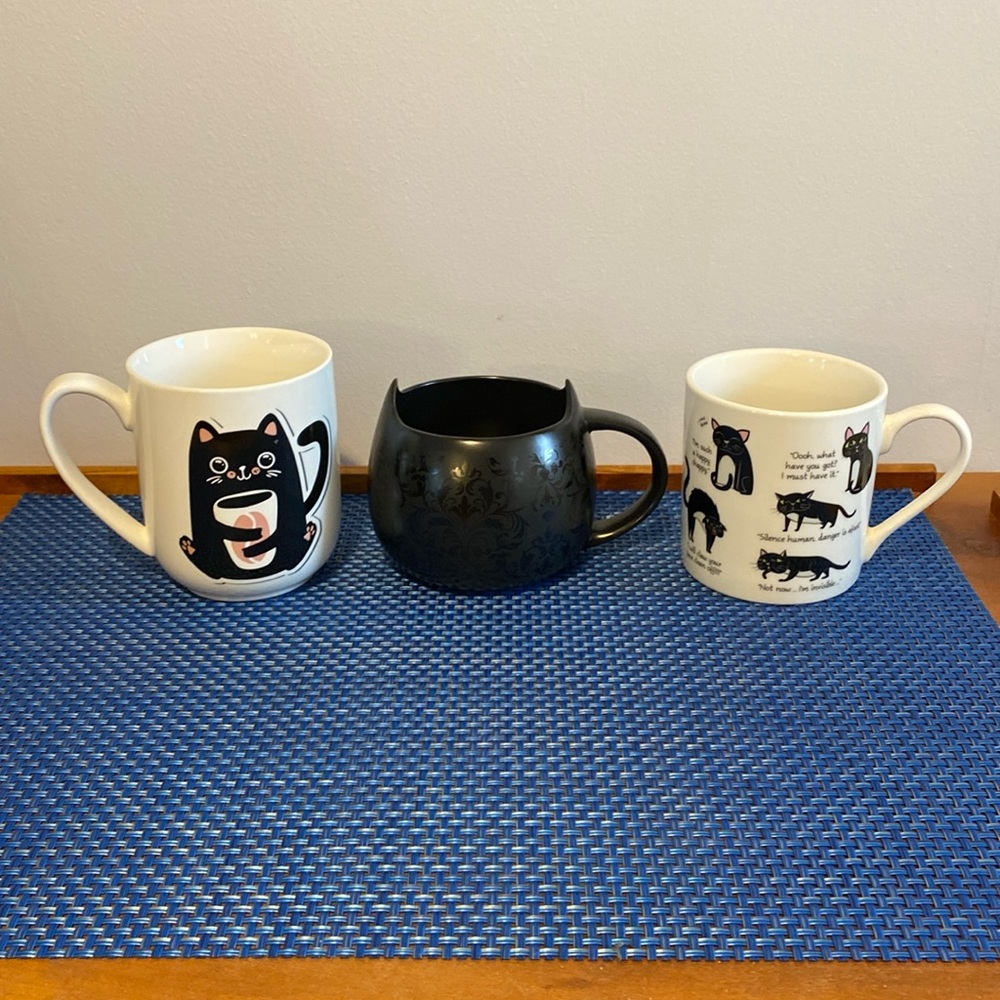 Trio of cat mugs, preowned, 2 are Cat Lady Box and one is Ginger Fox Cattitude